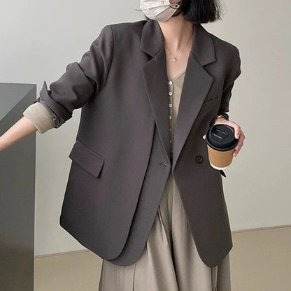Spring Autumn Elegant Grey Women's Blazer Jacket 2025 New Long Sleeve Single Button Office Lady Loose Outwear for Women