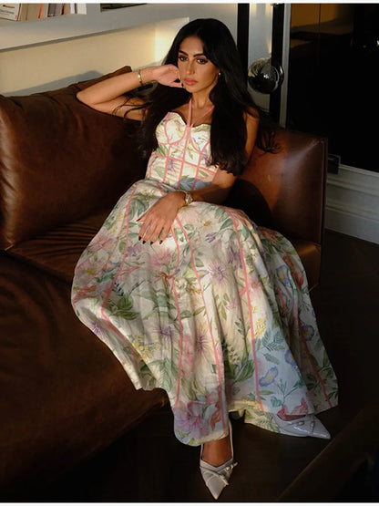 Fashionable Lady Floral Corset Maxi Dresses Halter Neck Sleeveless Flowy Long Dress Female Beach Vacation Party Evening Gown