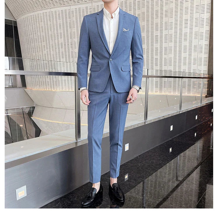 Men's Stylish Handsome Solid Color Suit Two-Piece Set M-4XL High Quality Formal Casual Banquet Fit Trousers Included
