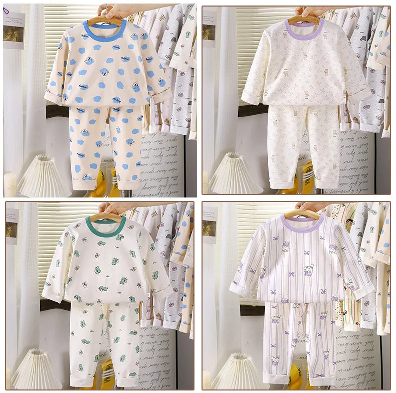 Kids Autumn Pajamas Sets Baby Boys Girls Cute Cartoon Print Long Sleeve O-neck T-Shirt Tops with Pants Toddler Casual Sleepwear