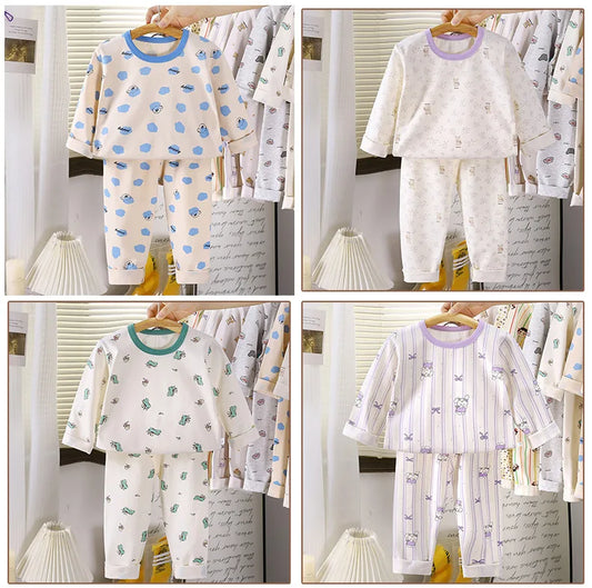 Kids Autumn Pajamas Sets Baby Boys Girls Cute Cartoon Print Long Sleeve O-neck T-Shirt Tops with Pants Toddler Casual Sleepwear