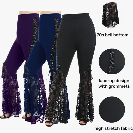 Plus Size Womens Pull On Flare Pants Gothic High Waist Overlength Lace Panel With Lace-up Pleated Trousers Skinny Pants