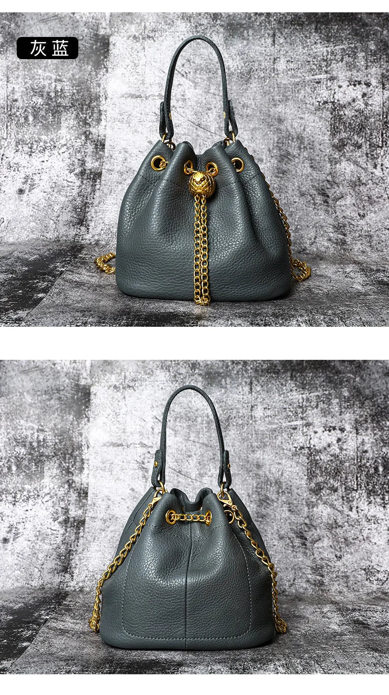 New Vintage Fashion Chain Bag Genuine Leather Multi-Way Bucket Bag for Women Compact Stylish Crossbody Purse