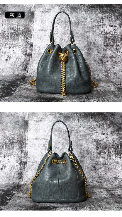 New Vintage Fashion Chain Bag Genuine Leather Multi-Way Bucket Bag for Women Compact Stylish Crossbody Purse