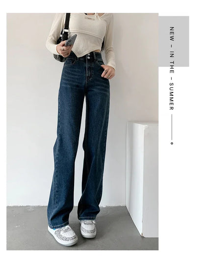 Loose Straight Women's Jeans Fashion Stretch Soft Drape Multi-button High Waist Denim Trousers Street Fashion Female Clothing