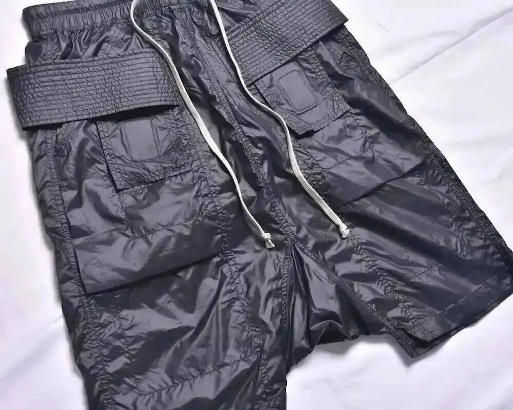 Dark Style Double Ring Fharem Knee Legnth Pants Summer High Street Fashion Drawstring Loose Fit Black Men 's Shorts 12C1243