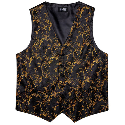 Luxury Men Silk Vest Gold Black Blue Red Green Purple Floral Waistcoat Tie Hanky Cufflinks Brooch Wedding Formal Business