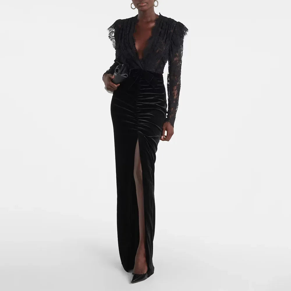 Modern Black Women's Evening Gown Mermaid Floor Length Formal Party Dress Long Sleeves Saudi Dress V Neck Slit Prom Dress