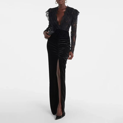 Modern Black Women's Evening Gown Mermaid Floor Length Formal Party Dress Long Sleeves Saudi Dress V Neck Slit Prom Dress