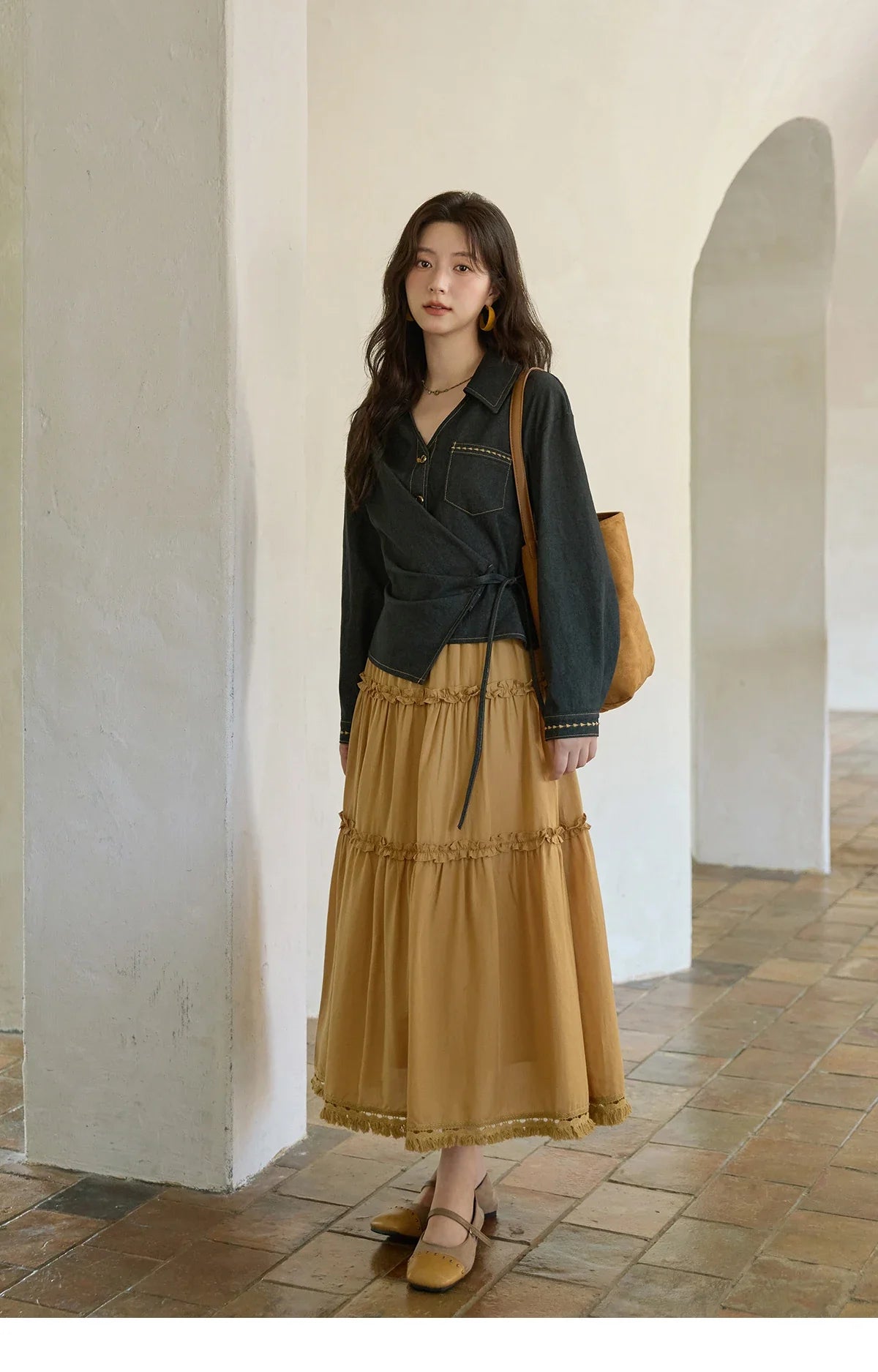 Autumn Retro Black Imitation Denim Shirt 2025 Side Lace-up Solid Shirts Lapel V-neck Retro Button Casual Tops MXE42C2374