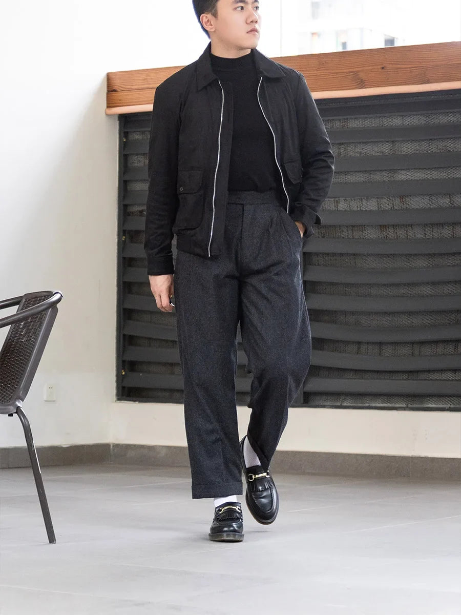 Dark Gray Cashmere Fabric Asymmetric Parisian Button Loose Straight-Leg Casual Pants Men's Trousers Retro Style Versatile