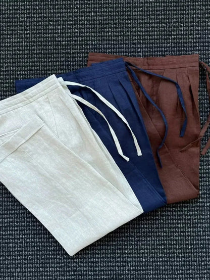 British Style Mens Linen Thin Suit Sets Slim Single Breasted Retro Blazers Pant Outfits Spring Summer Male Coat Two-Piece Set