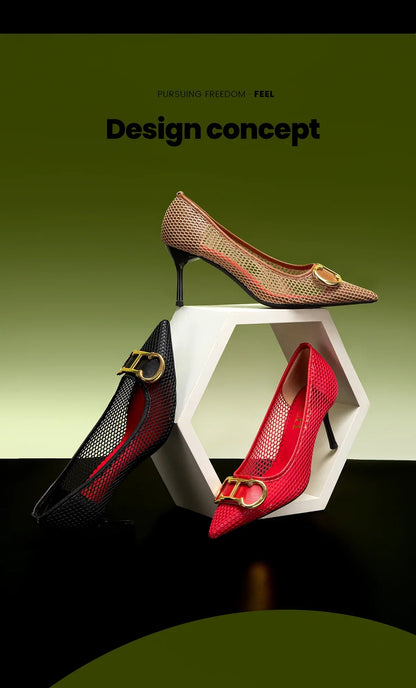 High Heels Red 2025 Spring New Hollow Business Women's Shoes 7cm Red Evening Shoes net