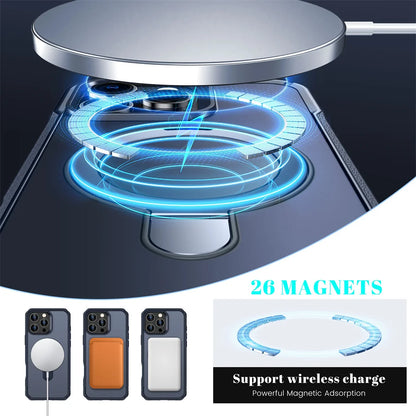 جراب هاتف بمغناطيس قابل للطي وشاحن لاسلكي MagSafe لهواتف آيفون 15 16 17 برو ماكس 16E 14 13 12 11 غطاء ممتص للصدمات مضاد للانزلاق