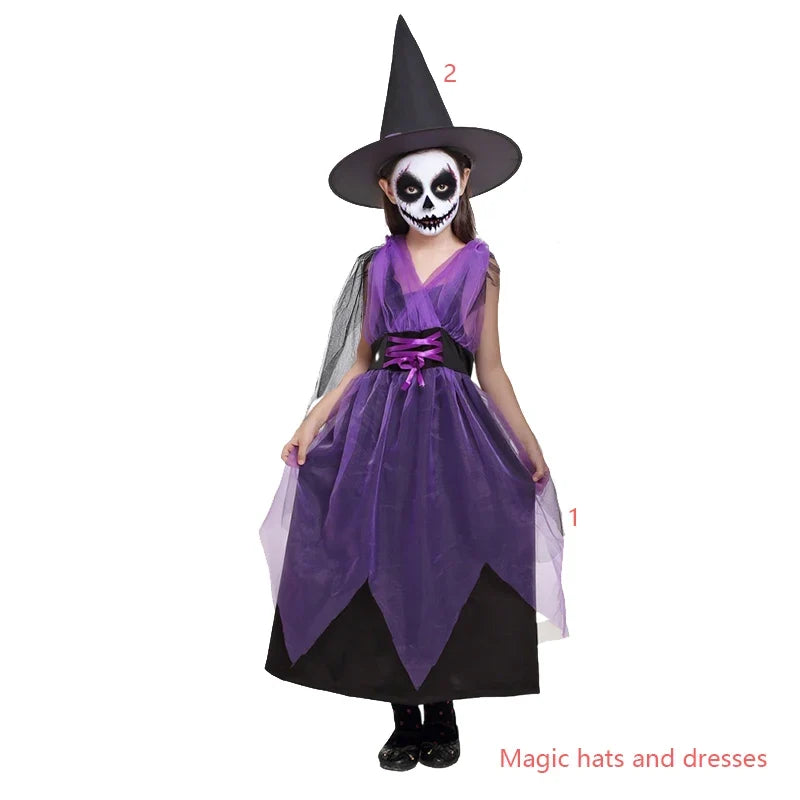 Kids Witch Halloween Costume Witch Cosplay Dress and Magic Hat Set Carnival Party Clothes for Girls Gothic Vampire Costume