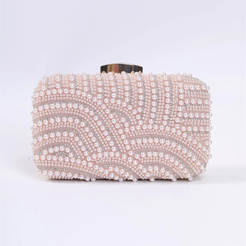 Ladies Pearl Elegant Evening Bag Fashionable Stylish Beading Wedding Dinner Party Banquet Dress Clutch Bag with Long Chain Purse
