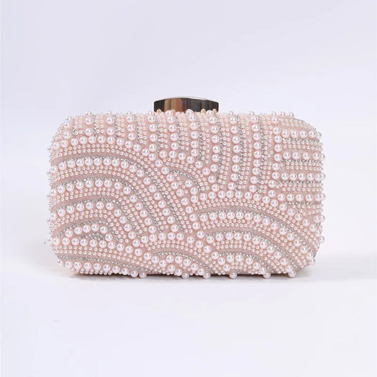 Ladies Pearl Elegant Evening Bag Fashionable Stylish Beading Wedding Dinner Party Banquet Dress Clutch Bag with Long Chain Purse
