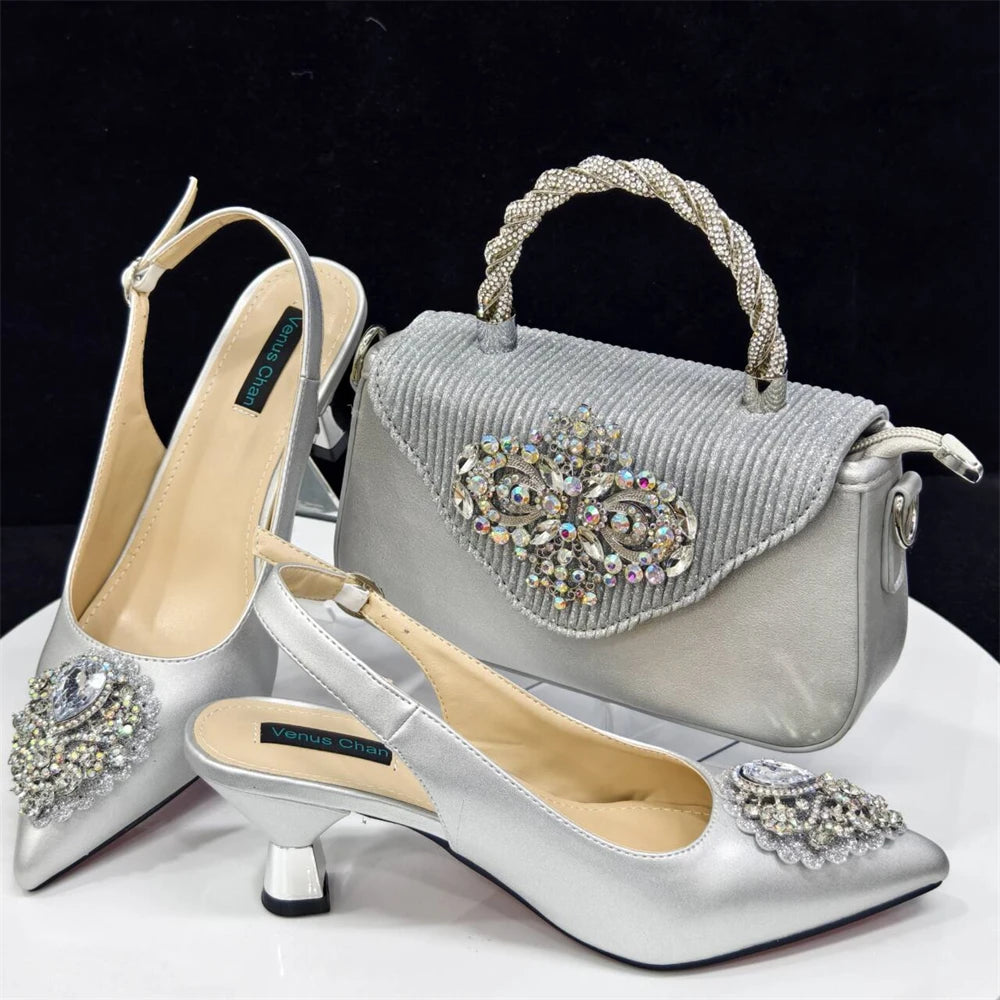 Italian Shoes and Bags Matching Set 2024 Nigeria Elegance Party Rhinestone Pointed Toe Women's Shoes High Heel