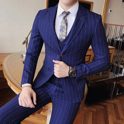 Blue Men Classic Striped/Checked Suits, Asian Size Slim Fit Business Office 3-Piece Sets, Black/Gray and Red Available.