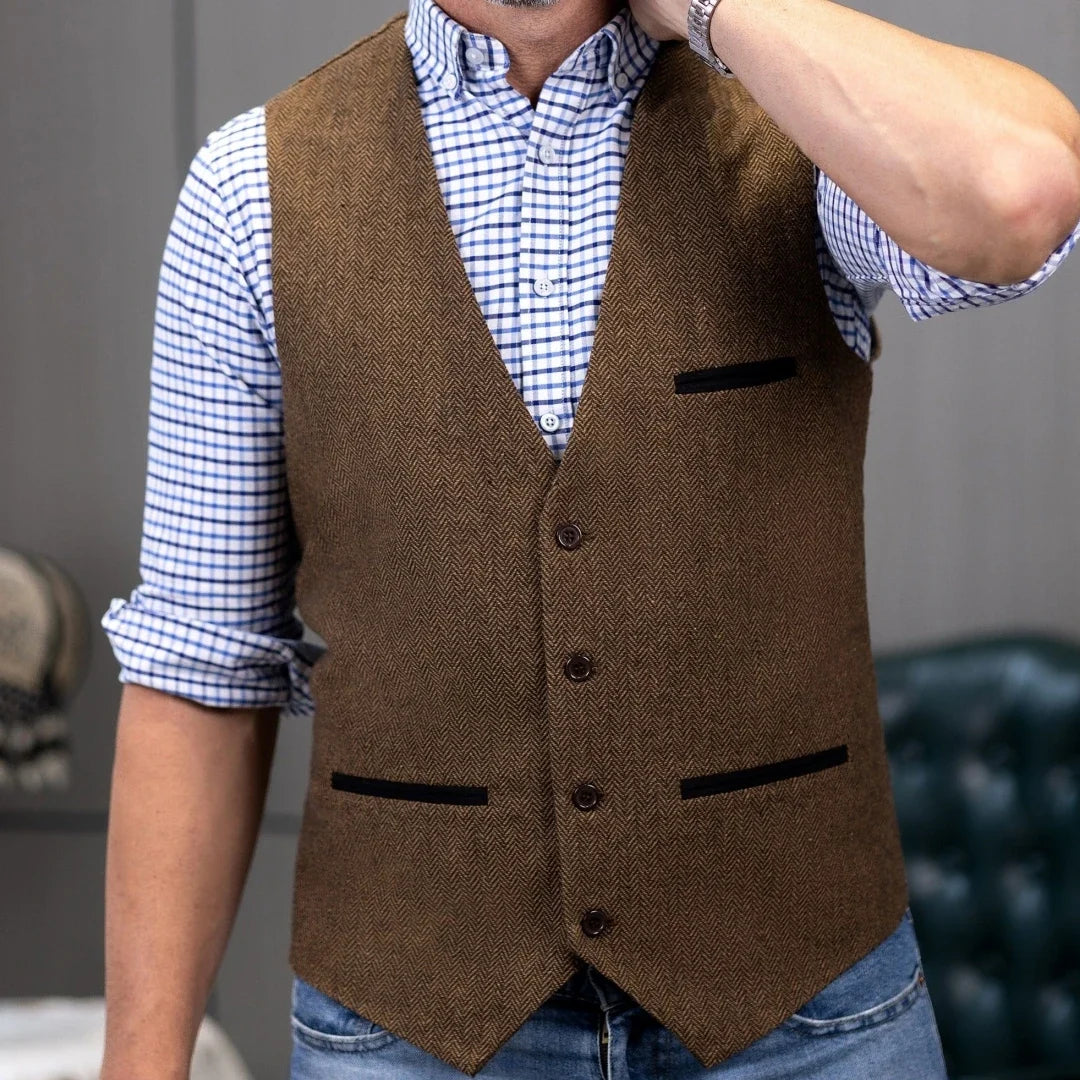 Men Vest Brown V Neck Single ButtonTweed Casual Business Waistcoat For Wedding Party Banquet Prom Work Men Suit Vest