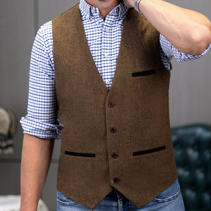Men Vest Brown V Neck Single ButtonTweed Casual Business Waistcoat For Wedding Party Banquet Prom Work Men Suit Vest
