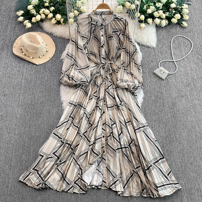Ele Printed round Ne Lantern Sve Dr Women's Single Button Waist Cinch Maxi Skirt Long Dr Commute Sle Autumn