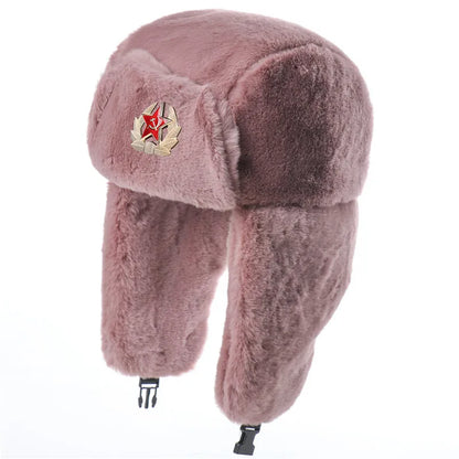 Soviet Badge Ushanka Men&Women Bomber Hats CCCP Army Pilot Trapper Trooper Hat Winter Faux Rabbit Fur Earflap Snow Caps