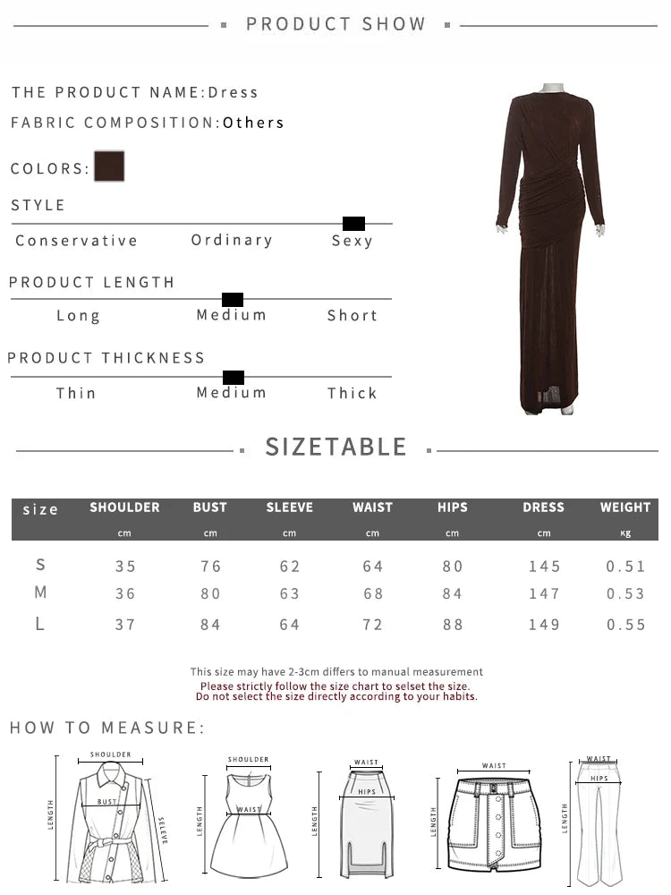 Folds Maxi Dress Women O-Neck Full Sleeve Solid Banquet Elegant Vacation Fashion Autumn Skinny Casual Simple Vestido