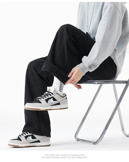 2026 New in Winter Corduroy Pants Men Straight Wide Leg Cargo Trouser Male Elastic Waist Loose Fit Thick Brown Warm Fleece Plush