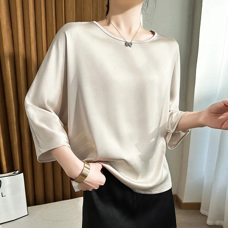 Summer New Short-Sleeved Acetic Acid Satin Round Neck Loose Joker T-Shirt Women's Mid-Sleeve Five-Point Sleeve Jacket Short