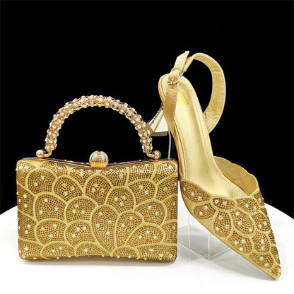2026 Women's Blue Color Heels with Rhinestone Accents & Matching Bag Set - Elegant Italian Fashion Pointed Toe Design