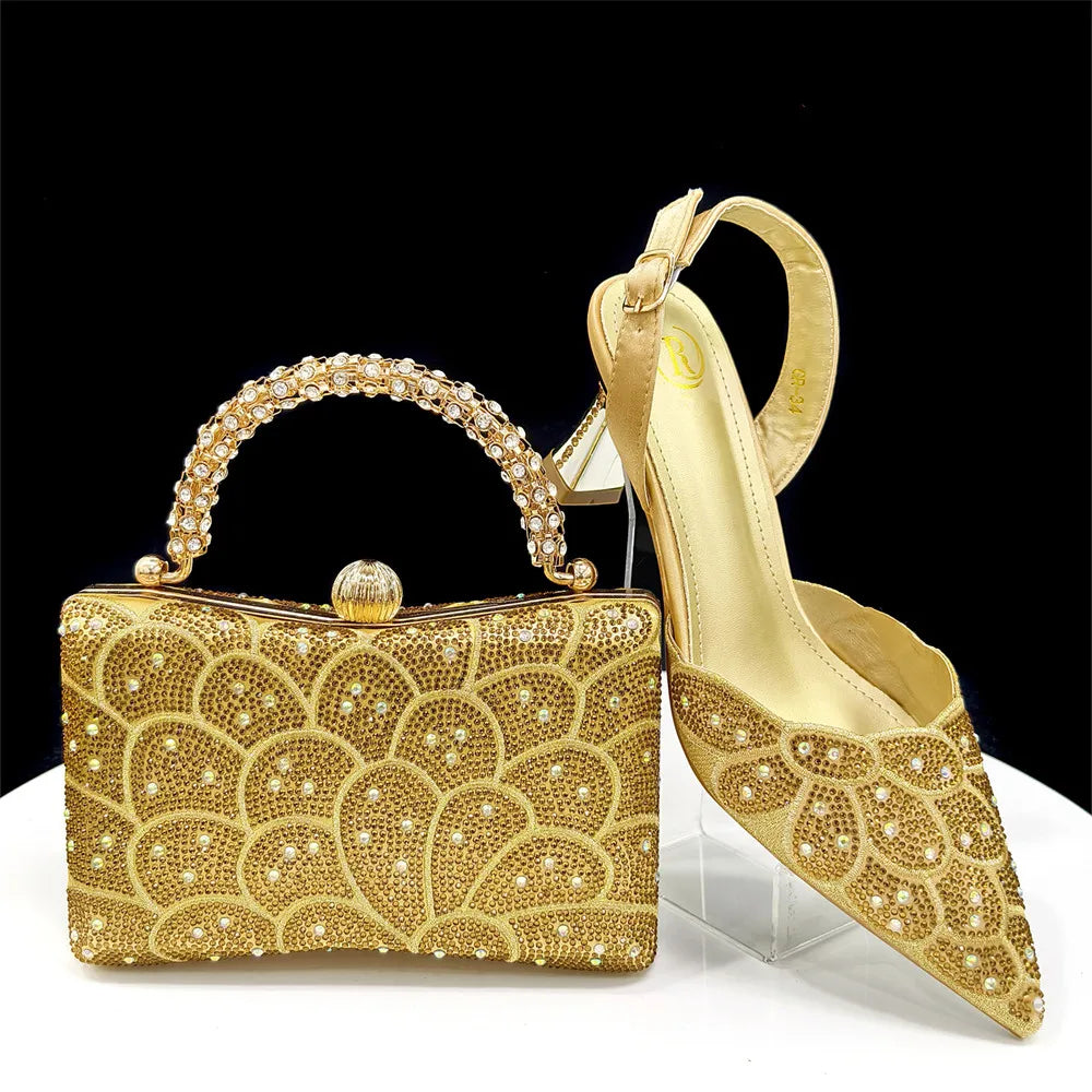 2026 New Shiny Italian Fashion Pointed Toe Women Heel Fashion Rhinestone Decoration Peach Color Shoes And Bag Set