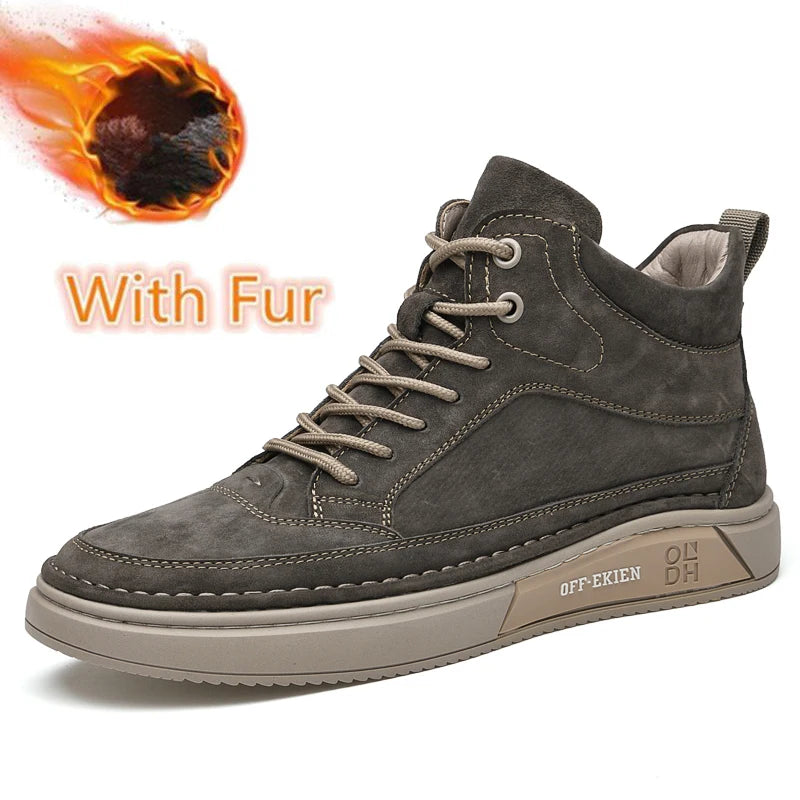 New Arrival Genuine Leather Men Ankle Boots  Design Warm Plush Fur Winter Sneakers Snow Casual Leather Shoes Outdoor Basic Boots