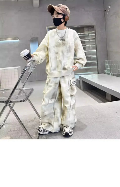 Boys Loose Tie Dye Printed Workout Sweatshirt+Sweatpant Streetwear Set School Kids 2PCS Tracksuit Children Jogger Outfit 5-16 Yr