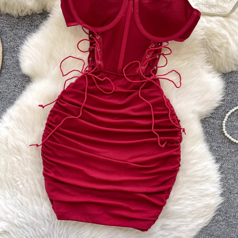 Ins Sexy Hollow Out Sling Dress with Exposed Waist Bandage Pleated Slim Fit Bodyocn Girl's Photo Date Short Dress