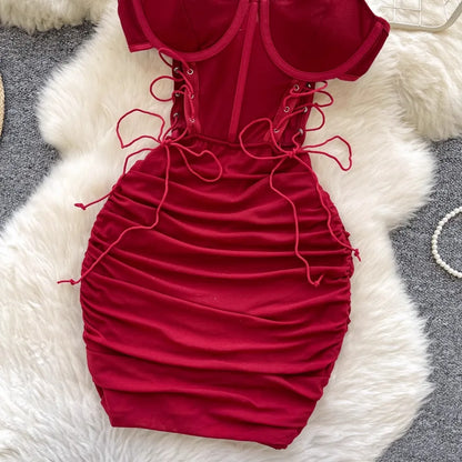 Ins Sexy Hollow Out Sling Dress with Exposed Waist Bandage Pleated Slim Fit Bodyocn Girl's Photo Date Short Dress