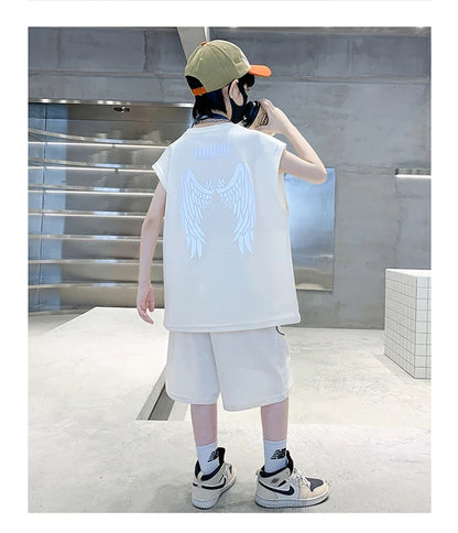 Teenage Summer Tracksuit for Boy with Shorts Tshirt 2 Piece Top and Bottom Clothes Set Kids Child Casual Cotton Outfit Suit Wear