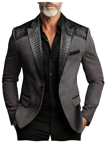 Men's Faux Suede Jacket with PU Leather Collar & Shoulder Two-Tone Blazer Contrast Trim Coat