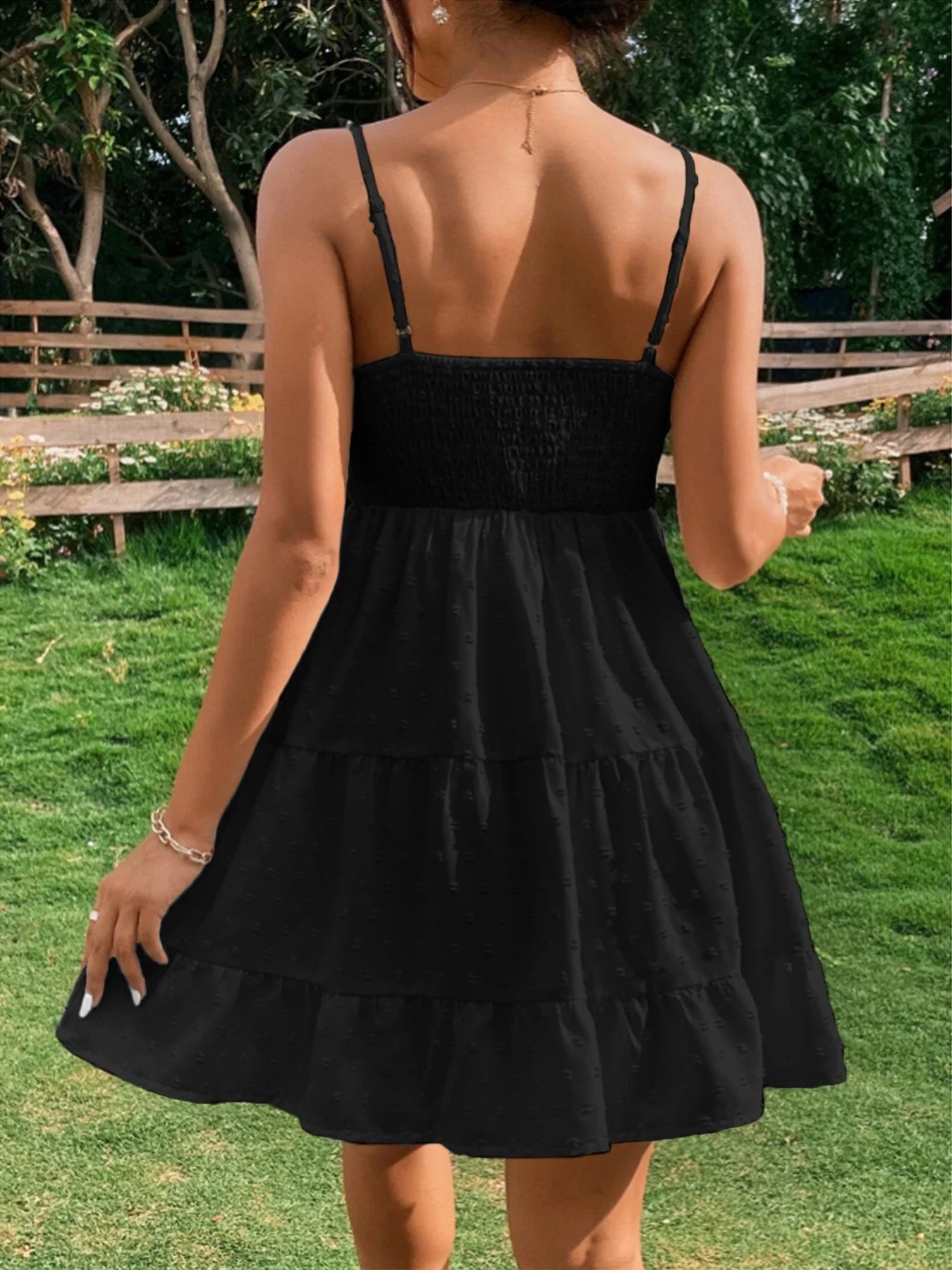 Women's White Swiss Dot Mini Dress Spaghetti Strap High Waist Ruffled Tiered Hem A Line Casual Summer Short Dress