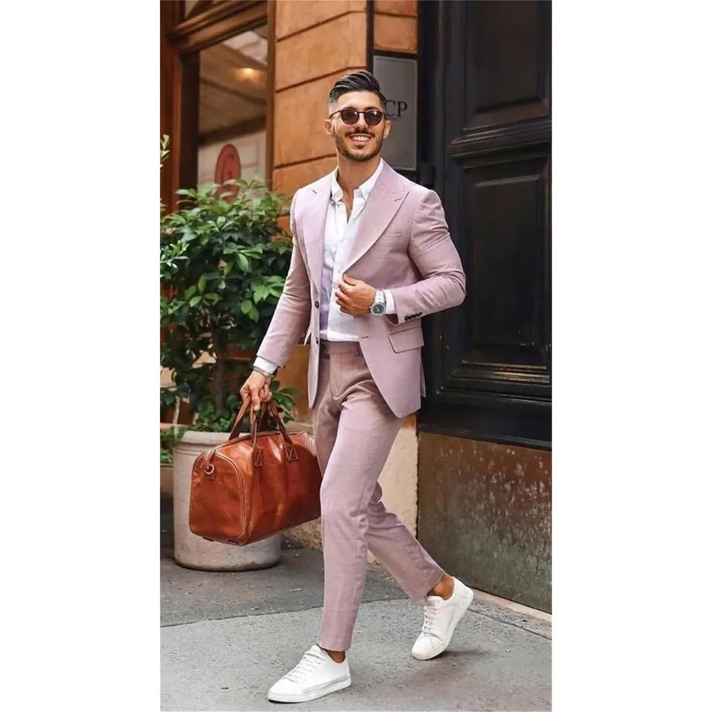 Men's Linen Suit 2 Piece Slim Fit Suit Summer Beach Wedding Suit Groosmen Prom Tuxedo Linen Blazer Pants Set