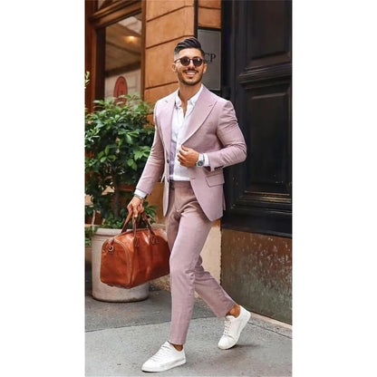 Men's Linen Suit 2 Piece Slim Fit Suit Summer Beach Wedding Suit Groosmen Prom Tuxedo Linen Blazer Pants Set
