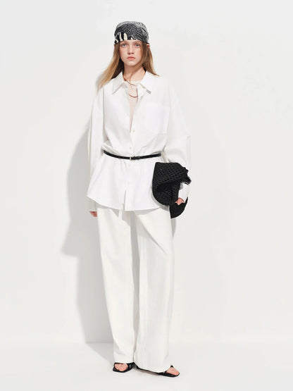 Women's French Loose Fit Cotton Shirt Long Sleeve Layering Top with Web Strap Detail Casual Oversized Blouse