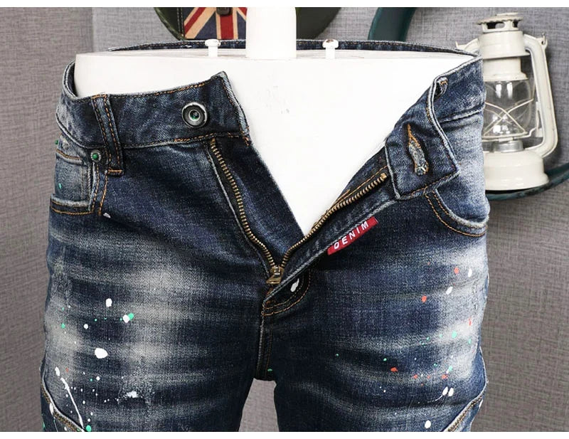 Fashion Streetwear Men Jeans Retro Black Blue Elastic Slim Fit Ripped Jeans Men Spliced Designer Embroidery Hip Hop Denim Pants