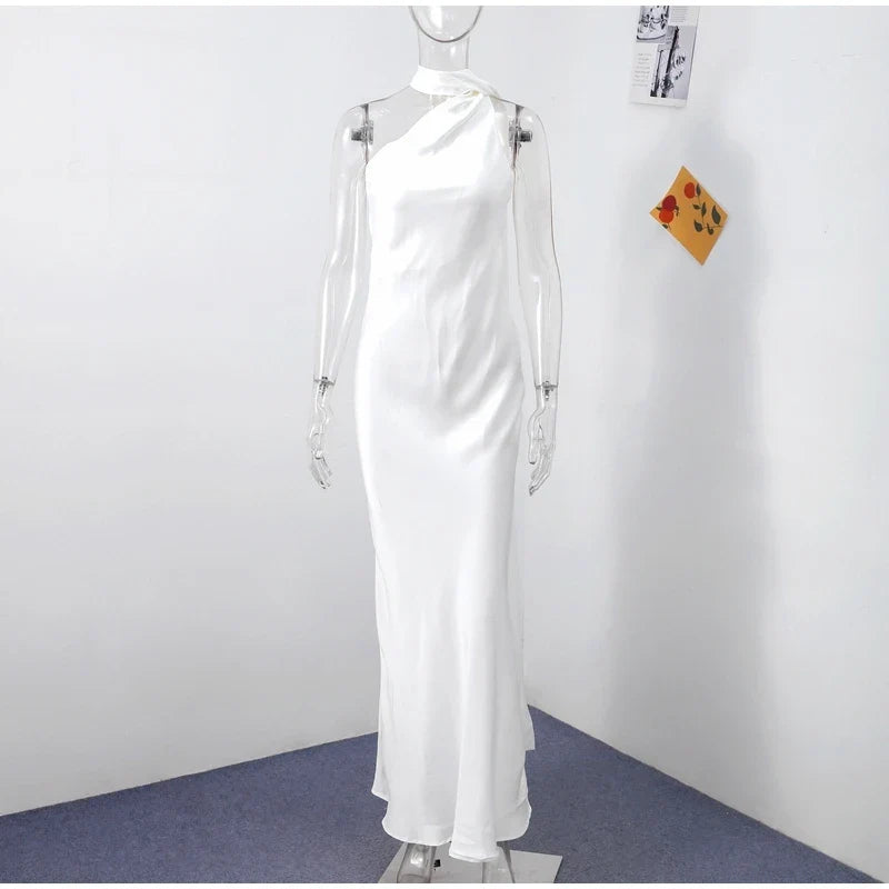 Elegant Ribbon Halter Dress Women Solid Off Shoulder Sleeveless Backless Slim Maxi Dresses 2025 Summer Autumn Party Robes Lady