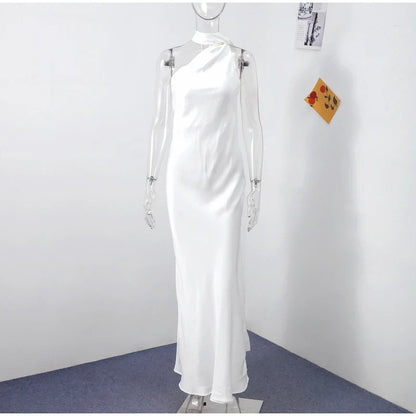 Elegant Ribbon Halter Dress Women Solid Off Shoulder Sleeveless Backless Slim Maxi Dresses 2025 Summer Autumn Party Robes Lady