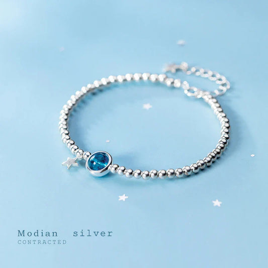 Bracelet à breloques en argent sterling 925 avec petite boule en cristal classique, motif étoile, réglable, pour femme