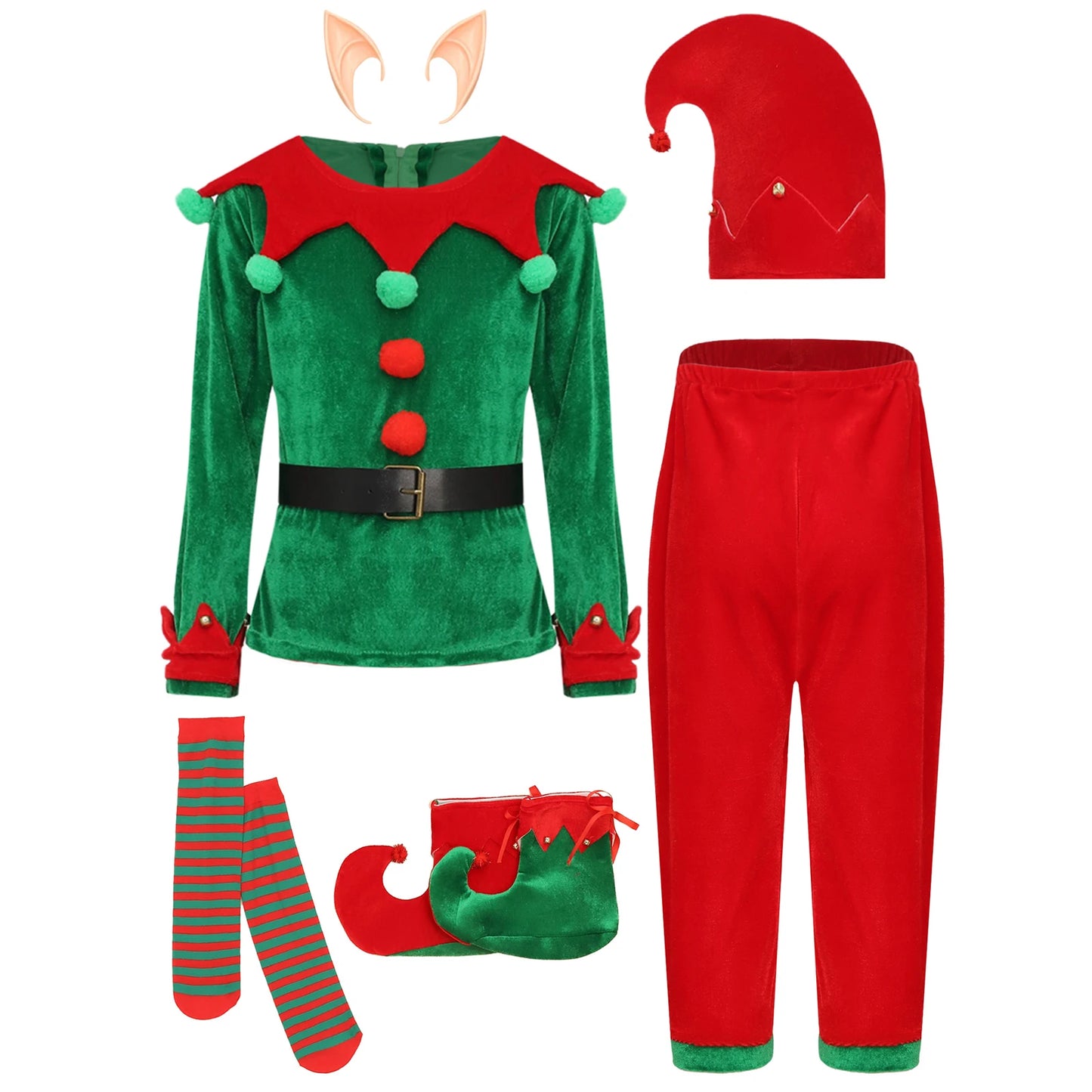 Boys Christmas Elf Costume Xmas Santa Clause Set with Shirt Pants Hat Elf Ears Belt Stockings Festivals New Year Fancy Dress Up