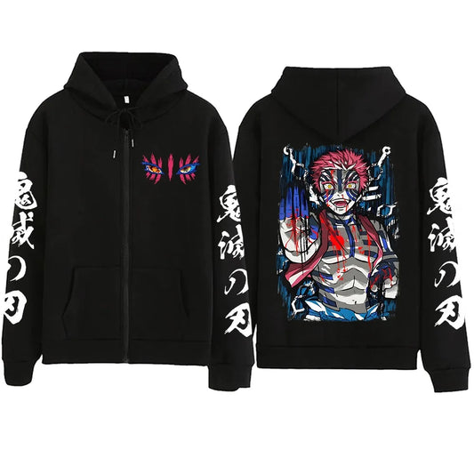 New Anime Demon Slayer Infinity Castle Akaza Printed Zipper Hoodie Harajuku Manga Oversized Pullover Hoodies Y2k Zip Up Hoodie