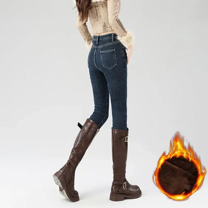 Women's Fleece Warm Winter Jeans Thicken Elastic Skinny Pencil Pants Fashion Korean Slim Plush Thermal Leggings Trousers