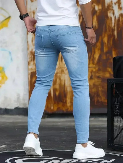 Man Classic Style Pants Light Blue Stretch Jeans Zipper Casual Slim Fit Trousers Male Pencil Pants Denim Skinny Jeans Men Brand